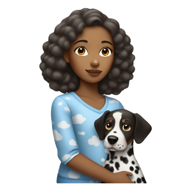 Brown girl wearing a blue top with clouds holding a dalmatian  sticker