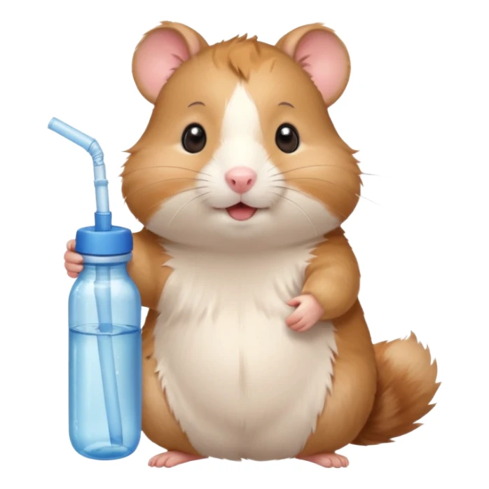 Cute cartoon-style hamster hugging an oversized water bottle, sipping with tiny straw, happy expression. Painterly shading, expressive eyes, white background, sticker-style illustration sticker