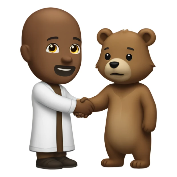 (bald man in biblical robe) shaking hands with (grizzly bear) sticker