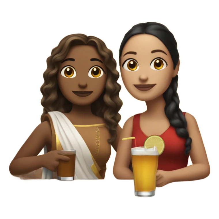 puerto rican woman light skin with shoulder-length, wavy, brown hair drinking latte with Roman woman with black, straight hair drinking espresso at table sticker