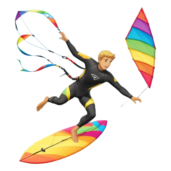 A kite surfer gliding across the ocean, with a colorful kite soaring high in the sky and the surfer carving through the waves. The scene captures the energy and freedom of the sport, with the sun shining and the ocean's waves splashing around. sticker