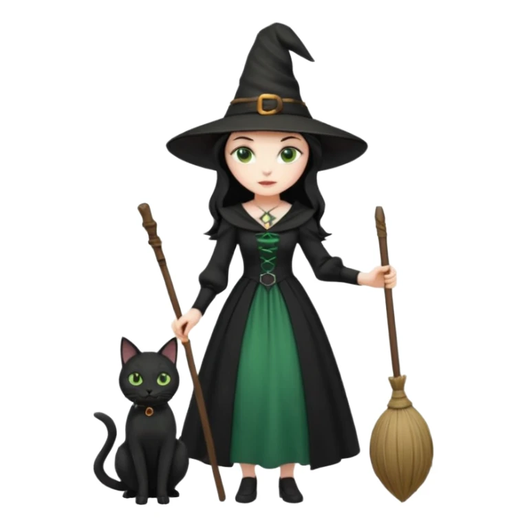 a witch with a hat and a broomstick and a black cat sticker