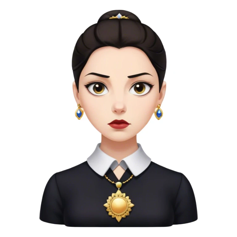 La donna ha i capelli scuri raccolti, un'espressione seria e intensa, indossa un abito scuro con colletto bianco e una spilla o un medaglione. L'immagine ha uno stile antico, tipico del XIX secolo. sticker