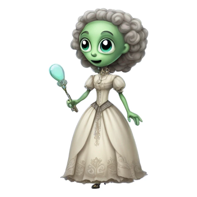 alien galora in Victorian dress elegant, full body, holding usb key sticker