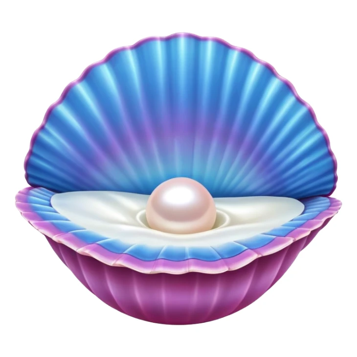 The image depicts a blue clam shell that is open, revealing a shiny, white pearl resting inside a pink interior. The shell has a stylized, cartoonish design with sparkles around the pearl, giving it a magical or enchanting appearance. The overall look suggests a treasure or a prize, often associated with themes of ocean or marine beauty. sticker