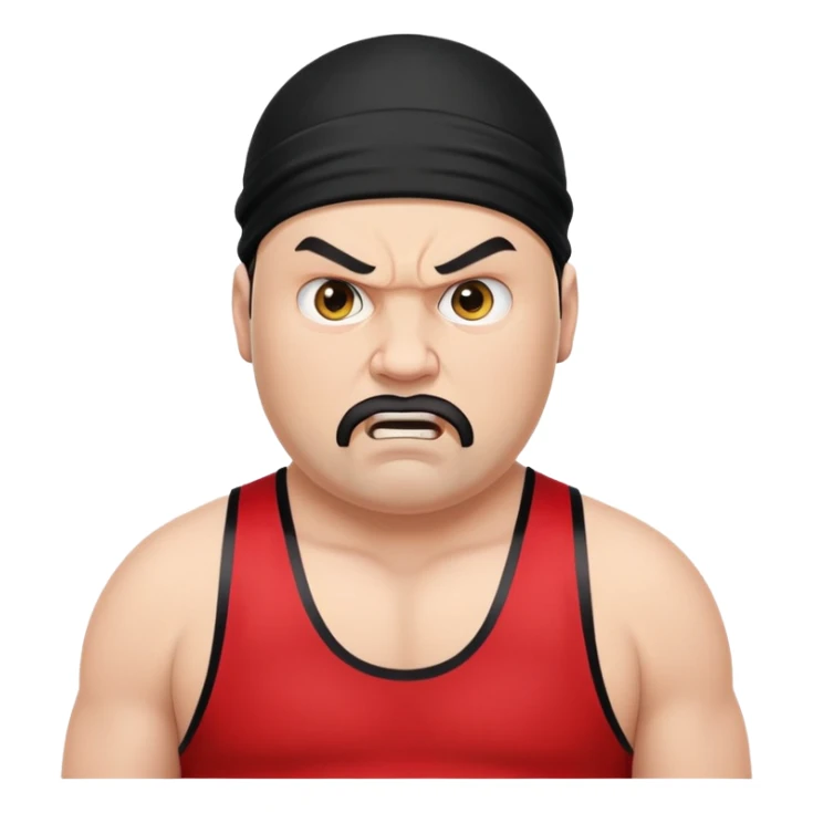 White skin fat guy with prominent black durag, short black beard, black eyes in a red and black wrestling singlet with angry face sticker