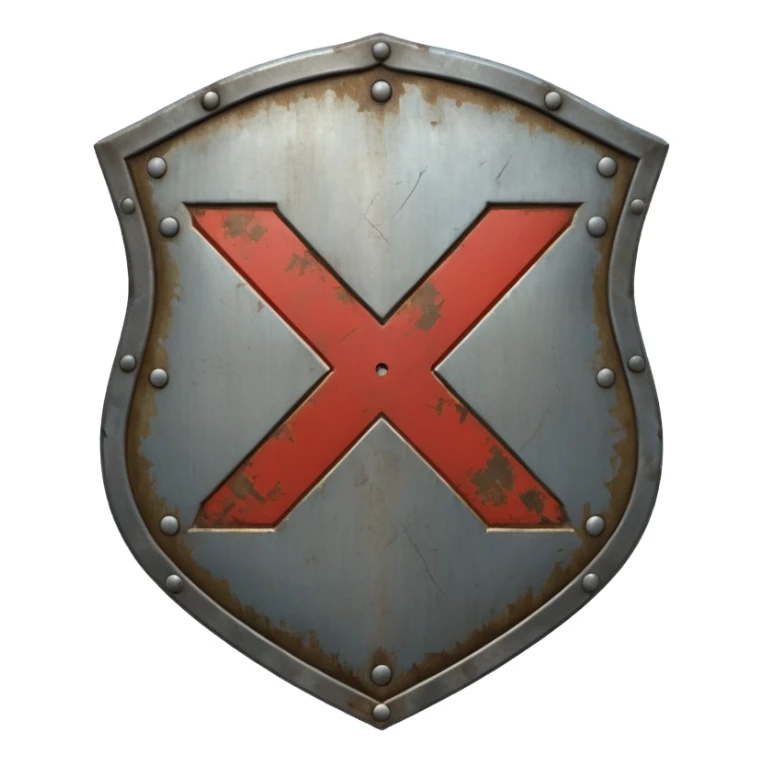 a battle worn steel shield with engraved text "XXX" (Three Xs), the text should be prominent and in the center of the shield sticker