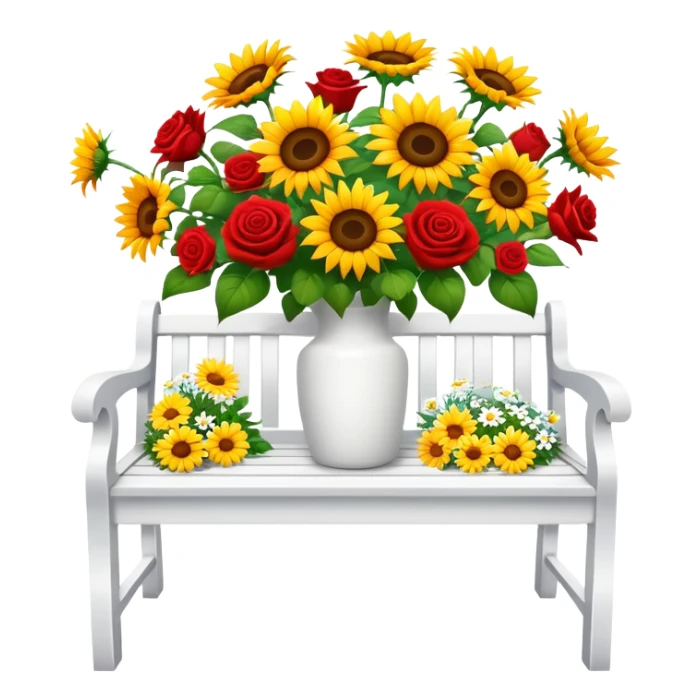 White bench with a romantic lush warm-colored flower vase on top sticker