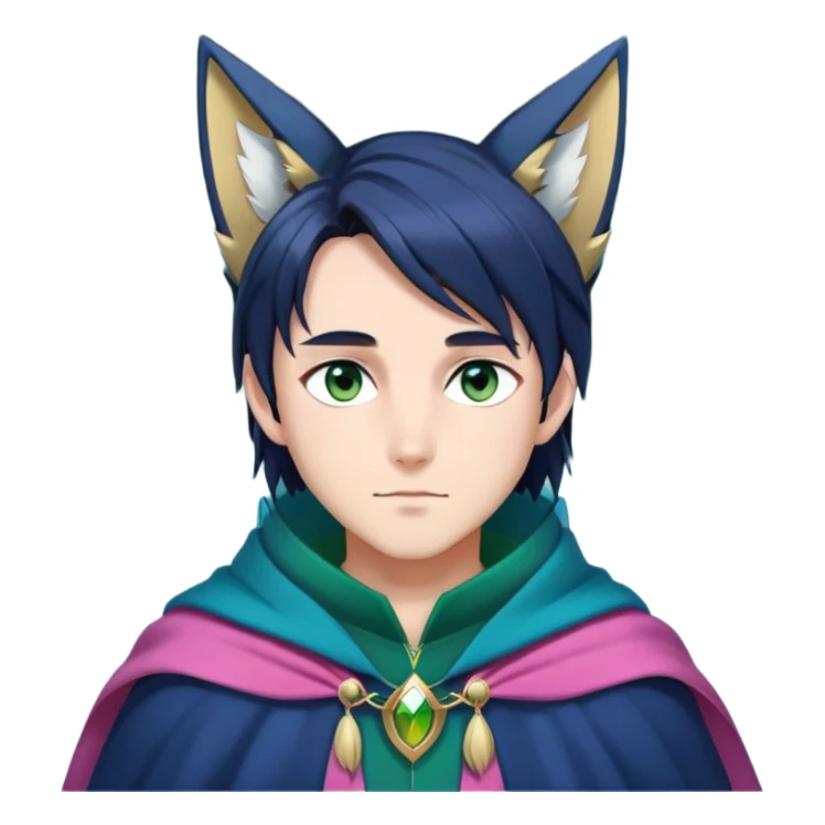 anime man with straight long dark-blueish-black-gradient hair, long black fox ears with pink Scapha, hazel-gradient-brown-turquoise eyes, gold earring, dark-blue-sweater, green cape,  sticker