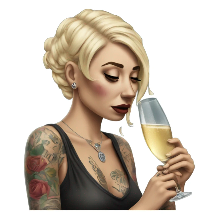 Hyper Realistic Beautiful tattooed woman crying sadly holding champagne  sticker
