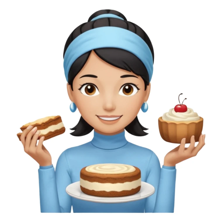  tan skin woman with long face, and short black hair slicked back ponytail with forehead showing, wearing a light blue headband and wearing pale blue turtleneck shirt, eating tiramisu smiling with middle parted hair sticker