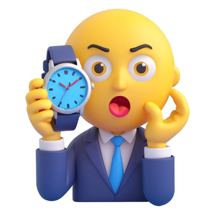 A yellow emoji face with a worried expression, looking at a wristwatch with raised eyebrows, showing urgency and stress sticker