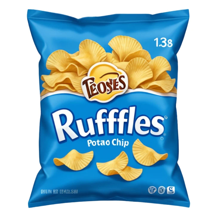 Draw a Ruffles chip bag in blue packaging with ridged potato chips spilling out. sticker