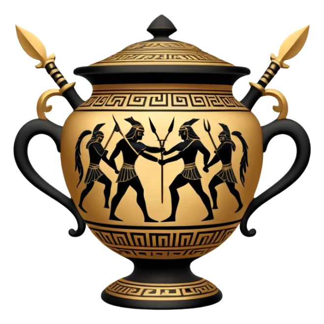 Cinematic-realistic Grecian urn, an exquisite black-figure pottery masterpiece resting in the dim glow of an ancient temple. Intricate golden depictions of two warrior fighting with spears and warriors encircle its curved form, telling timeless myths of heroism and tragedy.  sticker