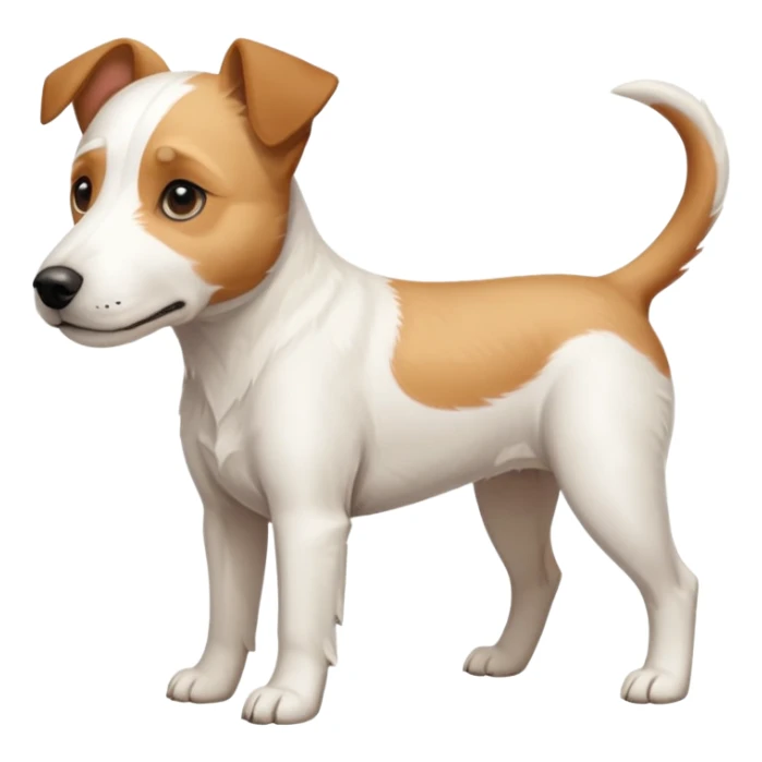 a full body facing front on of a buff white parson russell terrier looking dog the size of a kelpie with light brown long ears resting on its face and a light brown patch on one eye and a large snout. the rest of the dog is completely white.  sticker