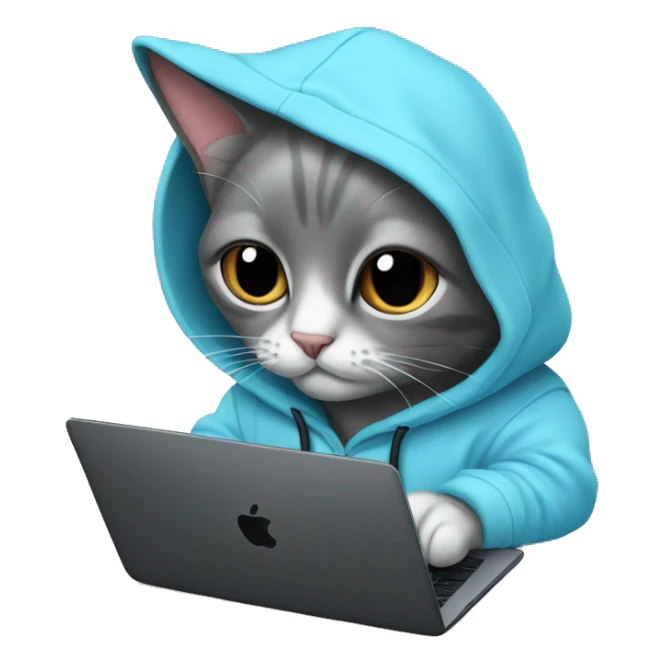 Cat wearing baby blue hoodie and a black MacBook sticker