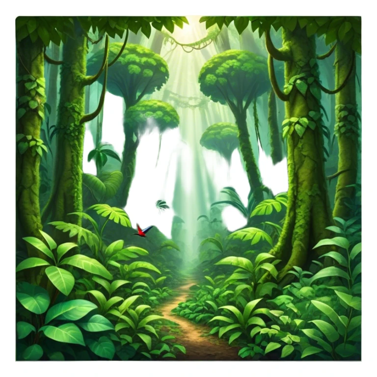 Cinematic Realistic Rainforest Emoji in a frame, Lush and vibrant, filled with towering trees, thick vines, and dense green foliage, sunlight filtering through the canopy above, creating dappled patches of light on the rich, diverse undergrowth. The air is heavy with moisture, with mist rising from the forest floor and distant calls of exotic birds and animals echoing through the trees. Soft glowing outline, capturing the essence of a thriving, untamed tropical paradise filled with life! sticker