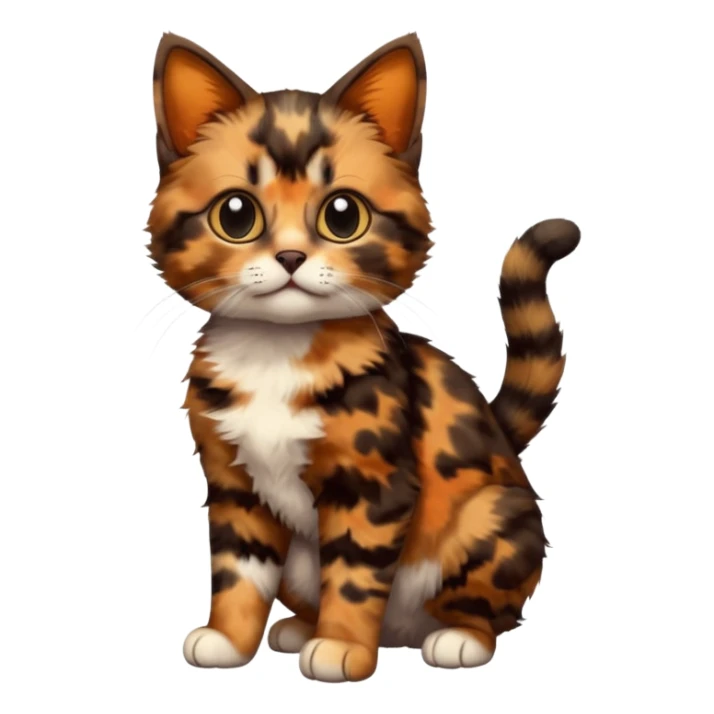 A high-resolution photo-realistic digital illustration of a brown multicoloured  tortoiseshell cat kitten, chest upward (no white) sticker