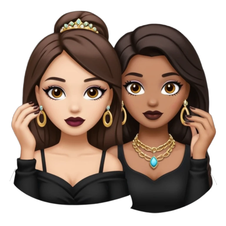 Boujy baddie best friends, trendy heavy makeup both dark hair one light skinned and one mocha brown pretty hair style both wearing black and jewelery  sticker