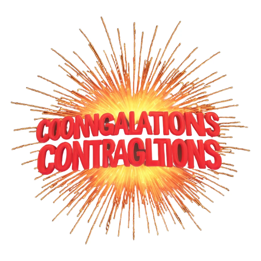 Add the text 'Congratulations!' in a playful, 3D font below the sparkling firework explosion, matching the 3D emoji style, with no background. sticker
