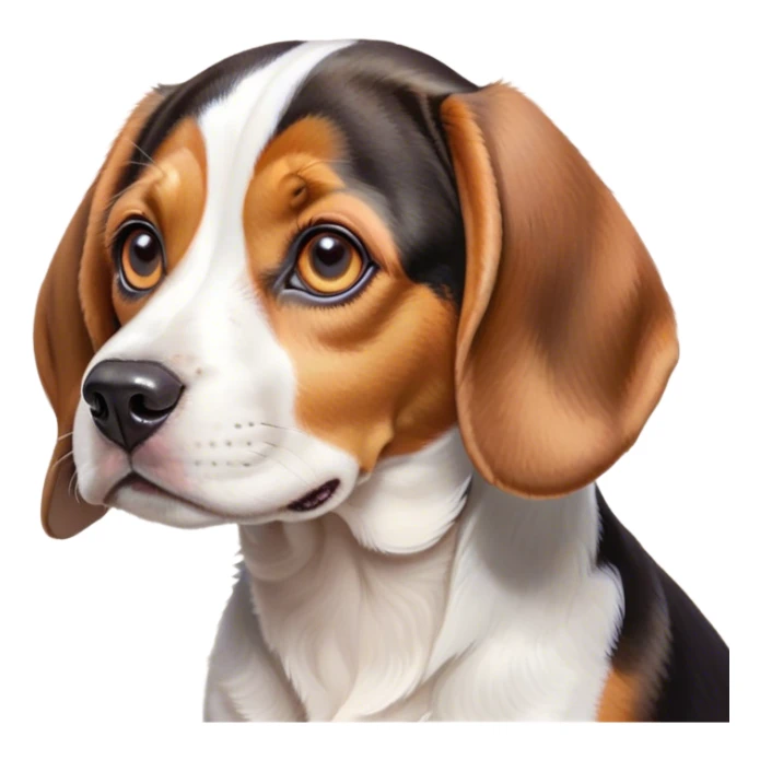 Cinematic Cute Tri-Color Beagle Portrait Emoji, Head tilted playfully and inquisitively, featuring a soft tri-color coat of white, brown, and black with floppy ears, round, sparkling hazel eyes filled with curiosity, Simplified yet irresistibly adorable features, highly detailed, glowing with a warm, friendly glow, high shine, affectionate and lively, stylized with a touch of whimsy, bright and endearing, soft glowing outline, capturing the essence of a mischievous yet loving pup, so playful it feels like it could bound out of the screen and into your arms! sticker