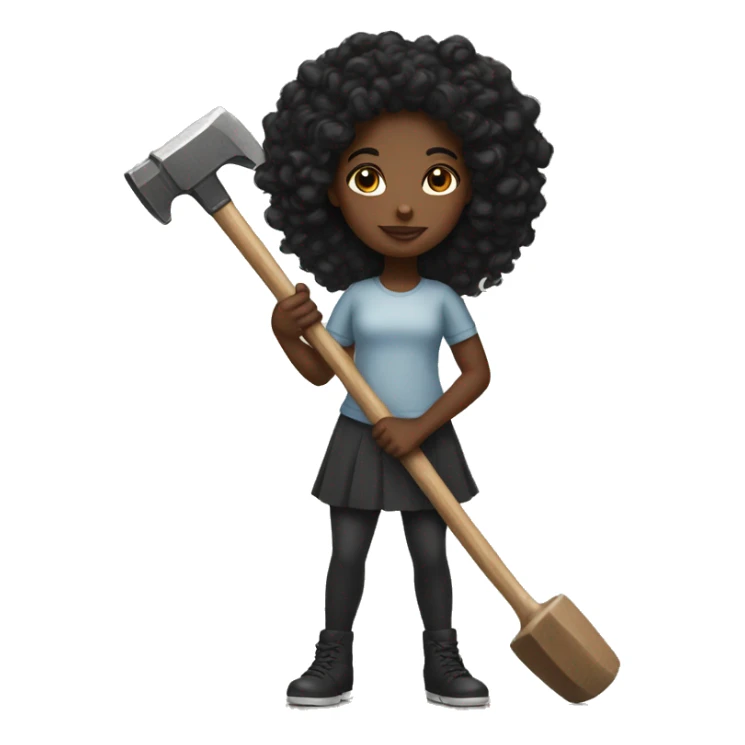 Black girl with long curly black hair with a hammer sticker