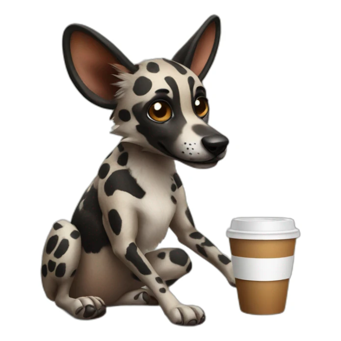 African wild dog holding a coffee sticker