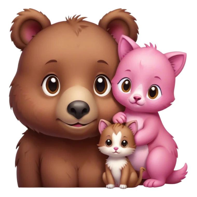 A cute realistic brown bear and a realistic cute pink dodo closely together. Between them there is a cute brown kitten sticker