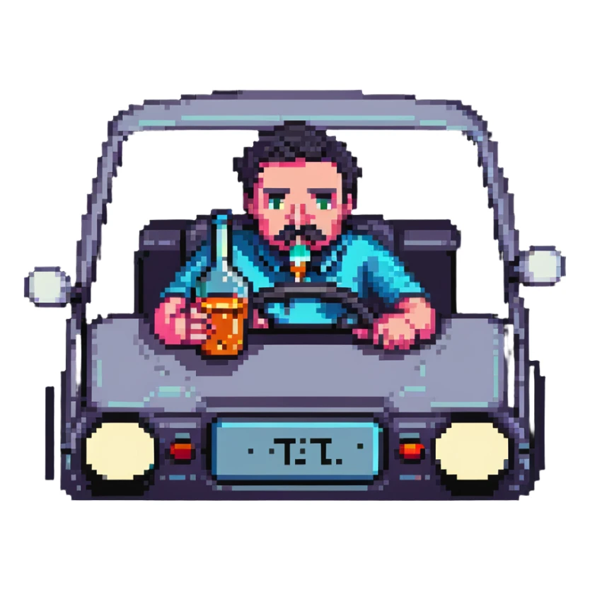 man drinking and driving with exaggerated features, cartoonish, pixel art style sticker