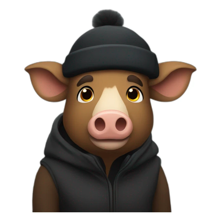 Bored brown boar in a black winter hat and black jacket sticker