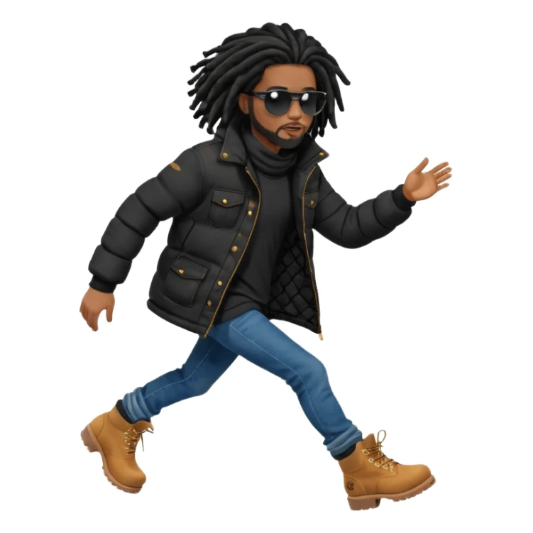 African American man brown skin complexion with black dreadlocks shoulder length wearing black bubble winter coat wearing black sunglasses with denim skinny jeans and timberland boots standing running sticker
