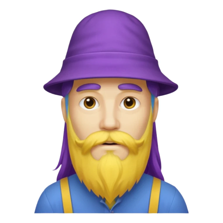 purple bearded, blue very long haired man with yellow hat sticker