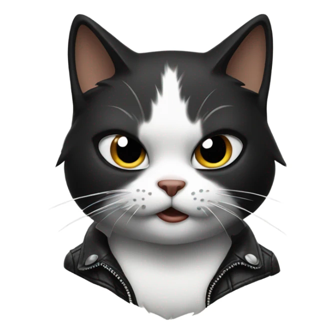 Angry, female black and white cat wearing a leather jacket on a motorcycle sticker