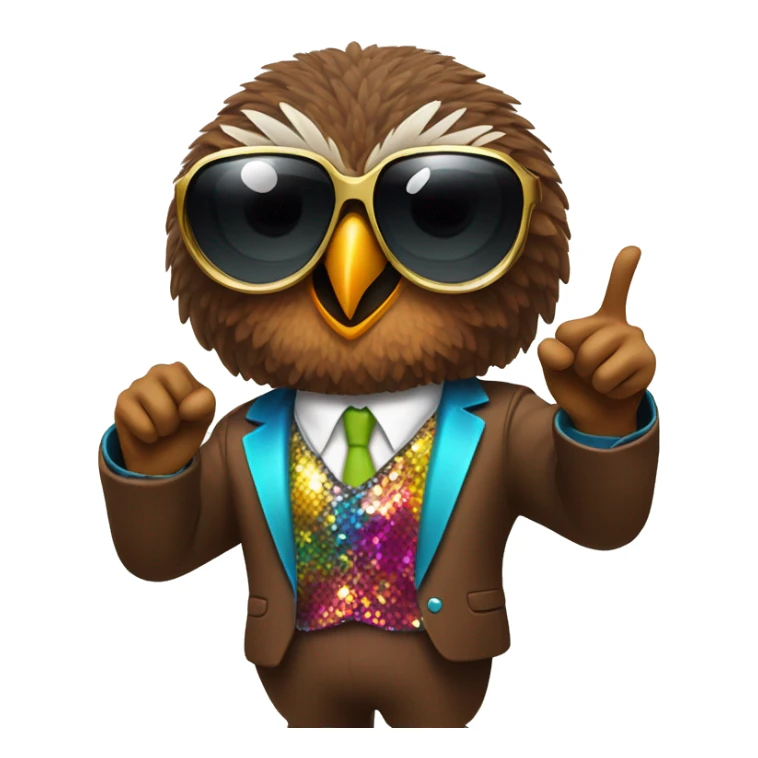  A brown owl with a black Afro and disco sun glasses and a colorful disco suit doing a pose with one finger in the air sticker
