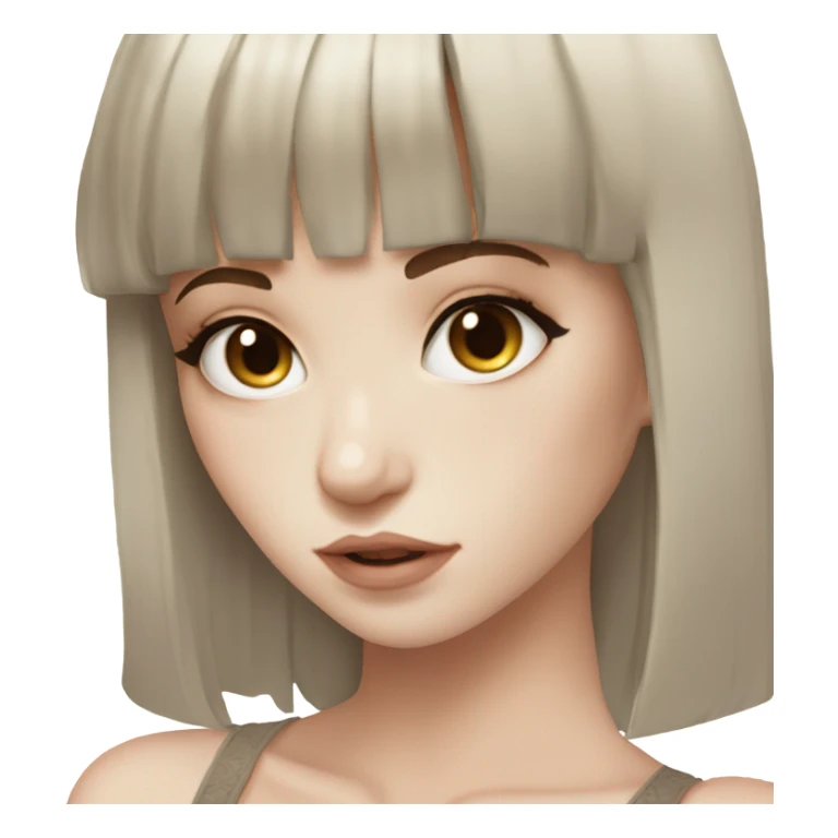 beautiful model, pale skin, deep brown eyes, double eyelids, straight long brown hair, bangs, white laced top sticker