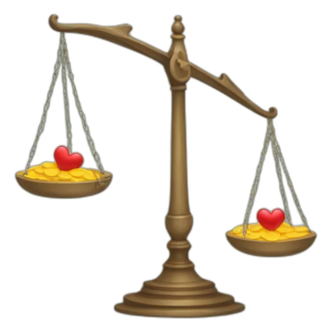 scales: on one side there is a heart, and on the other there is a price sticker