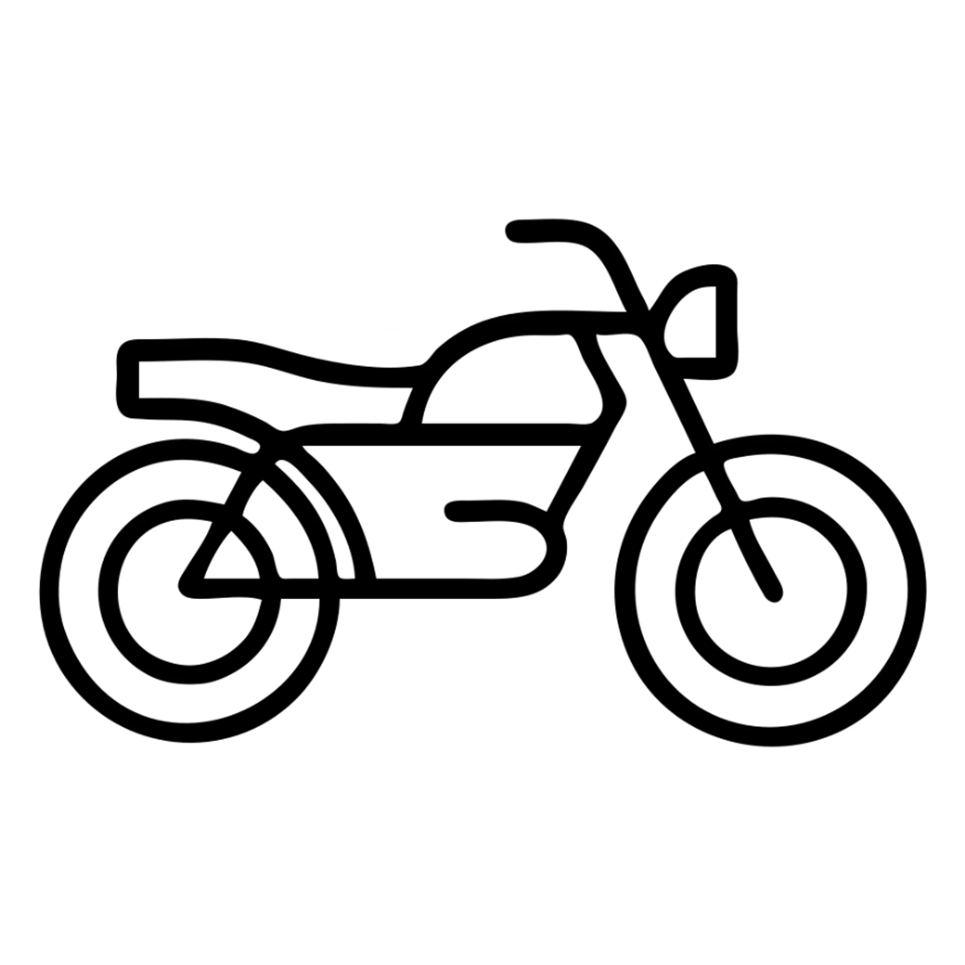 Motorcycle outline, side view with visible wheels, handlebars, and seat sticker