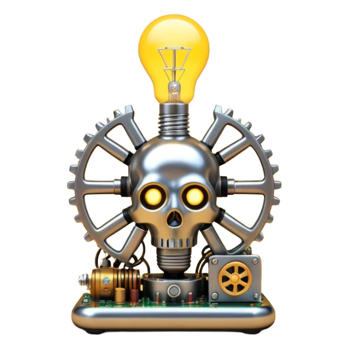 science, chemicals, mechanical gears, steampunk, electronics, electric wires, light bulb, LED, resistors, circuit board, ic, physics,  nuclear model sticker