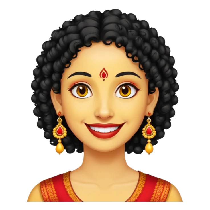 "- Phụ nữ
- 35 tuổi
- Da vàng
- Tóc đen xoăn nhẹ
- Có chấm đỏ Bindi, đeo khuyên tai
- Mặt cười
" sticker