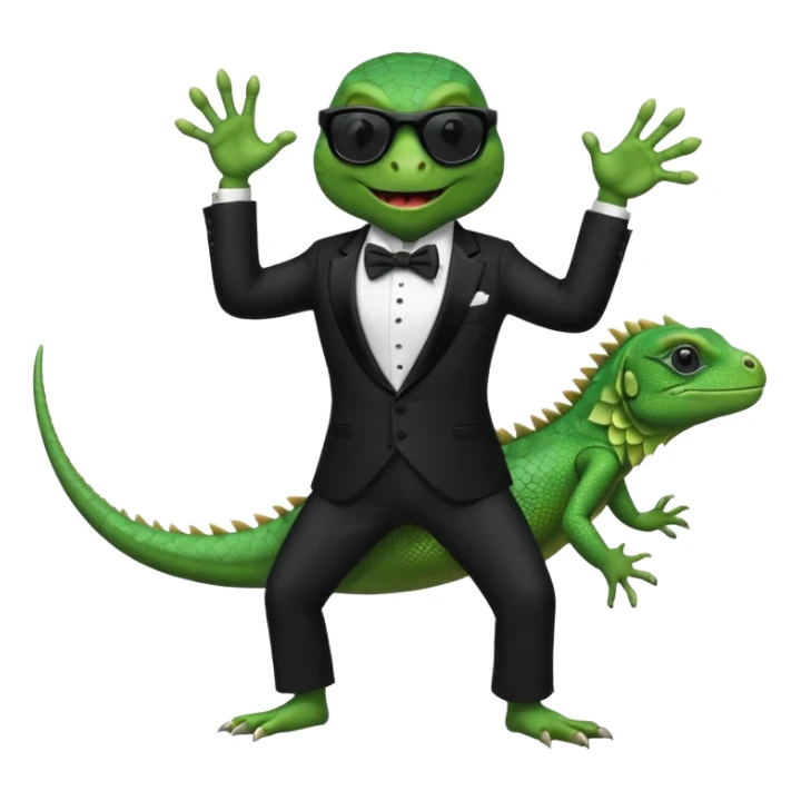 capitalist iguana banker in tuxedo and black sunglasses dancing sticker