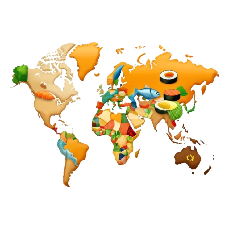 Icon for Culinary Tourism: a world map where the continents are made of various foods, like Fish - North America, sushi - Eurasia, tacos for South America, etc. The icon should represent global culinary exploration and travel. Transparent background. sticker