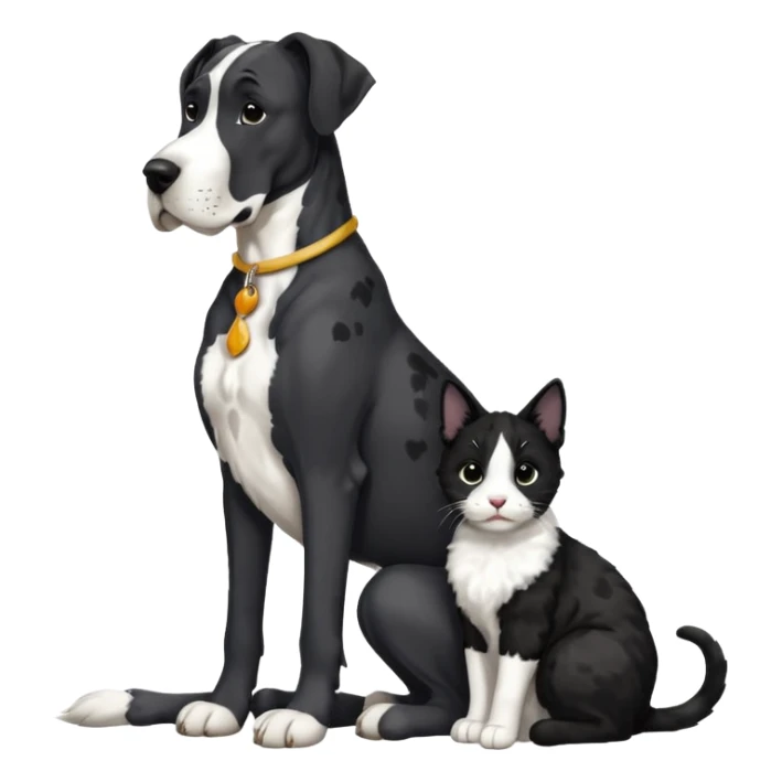 Large Black and white great dane dog sitting with a small black and white cat sticker