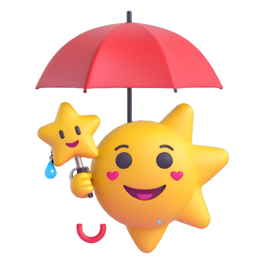 Change the bow to a star-shaped pin, make the charm a tiny umbrella, and add a sparkling effect to the raindrop keychain, keep 3D emoji style. sticker