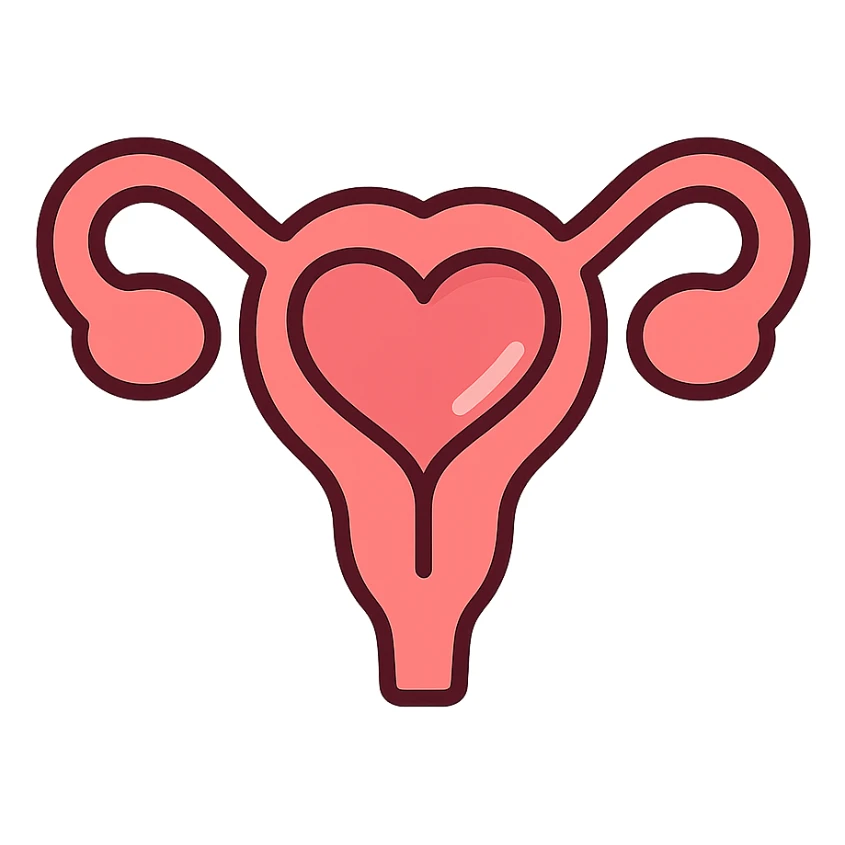 A clean, minimalistic vector illustration of a simplified uterus icon, designed as a stylized flower or heart shape with upward-sweeping fallopian tube 'horns'. Use smooth, well-defined lines with a modern flat design. Apply soft inner shadows and subtle highlights to give depth and gloss without breaking the flat aesthetic. Keep the design centered, symmetrical, and elegant. Transparent background. Color palette: soft pinks, muted reds, and gentle white highlights sticker