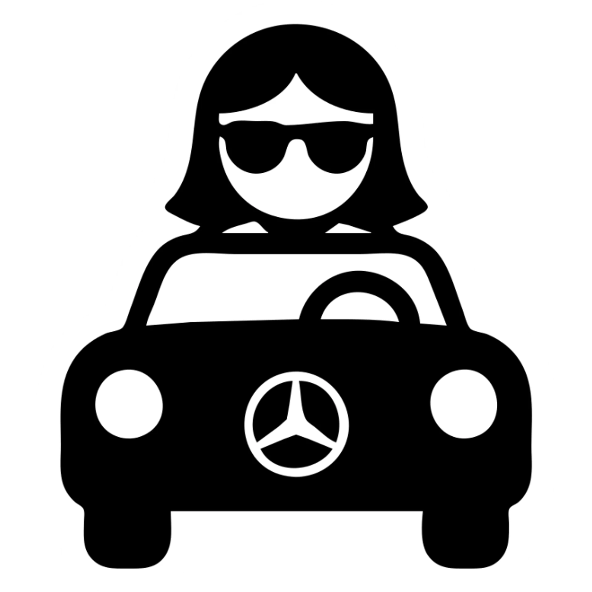 simplified realistic style, calm colors, girl wearing sunglasses driving a Mercedes car, white background sticker