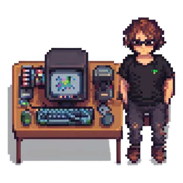Terry A. Davis with a computer, pixel art style sticker