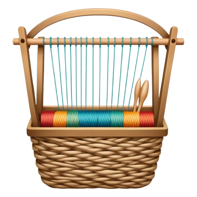 Weaving icon, various types of weaving such as basket weaving, macramé, and loom weaving, showing intertwined threads or ropes, weaving tools like shuttle, crochet hook, and loom, minimalistic style, clean lines, transparent background. sticker