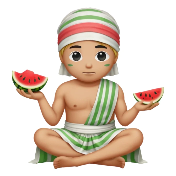 Create an emoji sitting cross-legged, wearing a white toga. The emoji is blindfolded with a green and white striped cloth and has a watermelon on its head. The emoji should not be smiling- make it look distressed or cold sticker