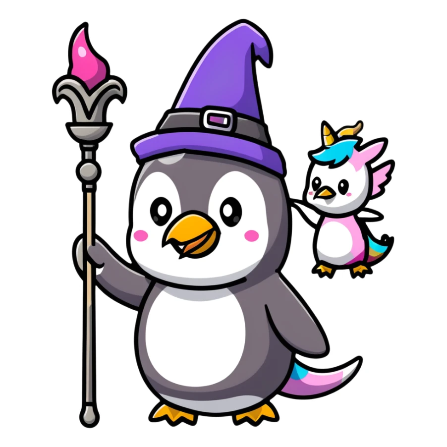 penguin wizard with a staff and hat, surrounded by a small dragon, fairy, and unicorn, colorful fantasy landscape sticker