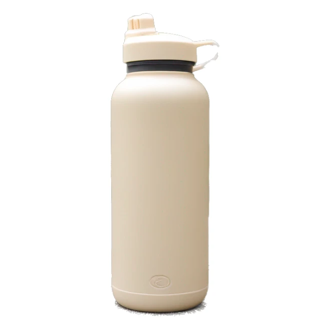 Cream coloured reusable water bottle with handle and straw sticker